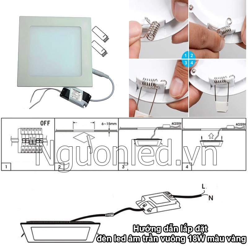 Lắp đặt đèn led âm trần 15W vuông vàng đơn giản, nhanh chóng