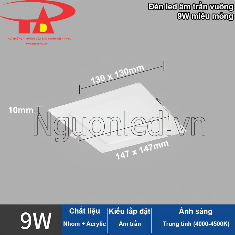 Thiết kế siêu mỏng, hiện đại của đèn âm trần vuông 9W