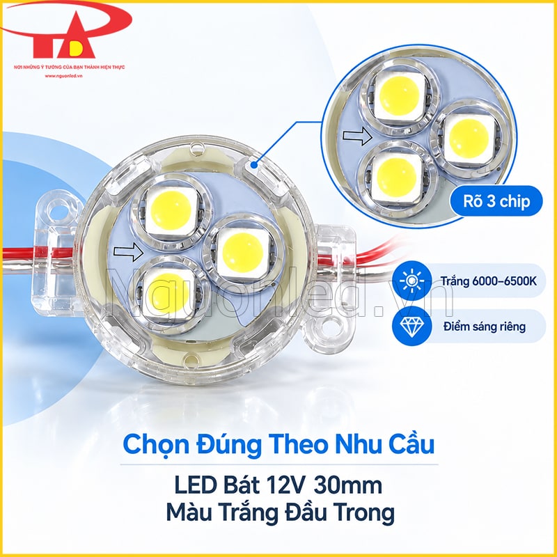 Bóng LED bát 30mm đầu trong sáng trắng với 3 chip SMD5050 nhìn rõ  