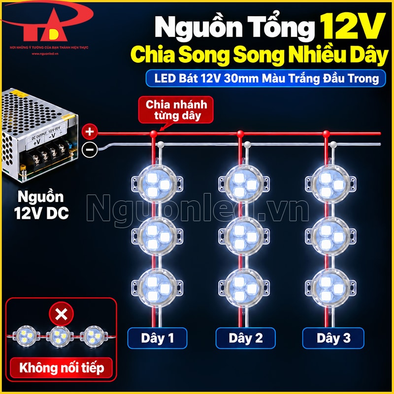 Sơ đồ chia nguồn song song cho nhiều dây LED bát 12V 30mm màu trắng đầu trong