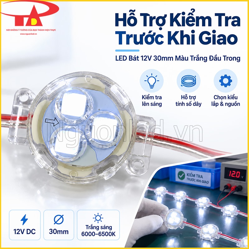 LED bát 12V 30mm màu trắng đầu trong được kiểm tra sáng trước khi giao