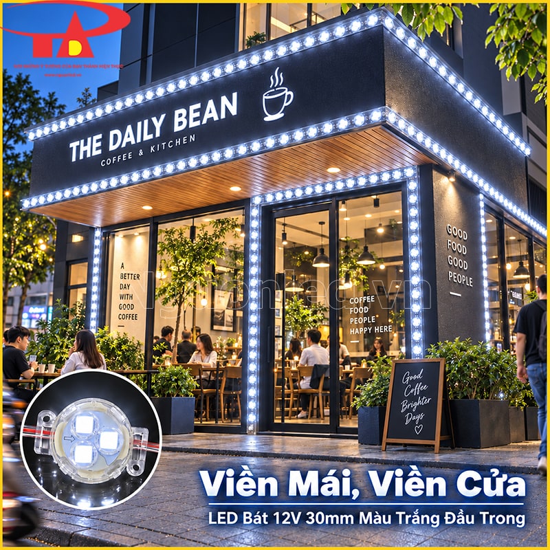 Mặt tiền trang trí bằng LED bát 12V 30mm màu trắng đầu trong theo đường viền