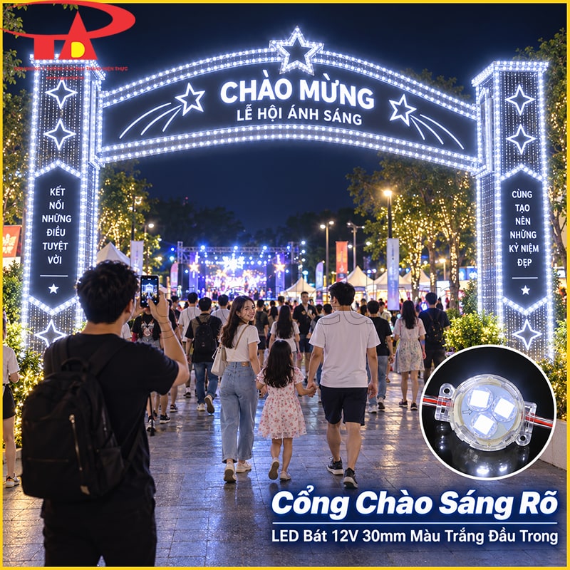 Cổng chào trang trí bằng LED bát 30mm màu trắng đầu trong theo khung vòm