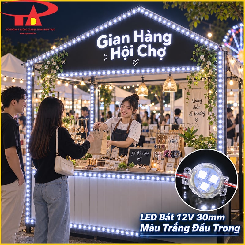 Gian hàng hội chợ trang trí LED bát 30mm màu trắng đầu trong trên mái và bảng tên