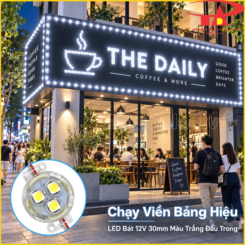 Biển hiệu dùng LED bát 30mm màu trắng đầu trong theo nét chữ và logo