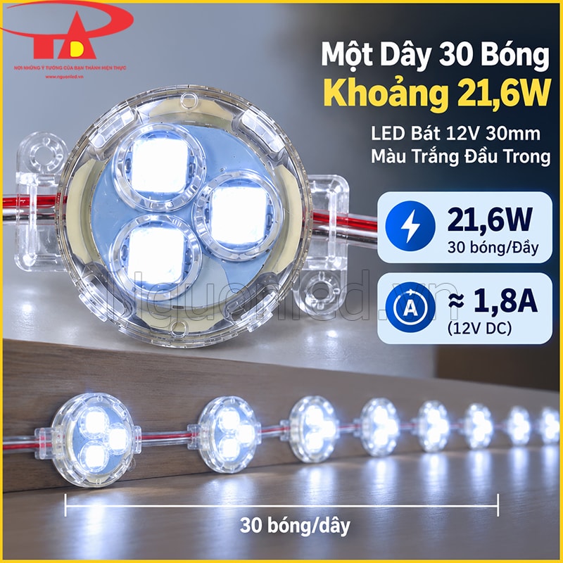 LED bát F30 12V sáng trắng 6500K trên dây 30 bóng công suất tính 21,6W