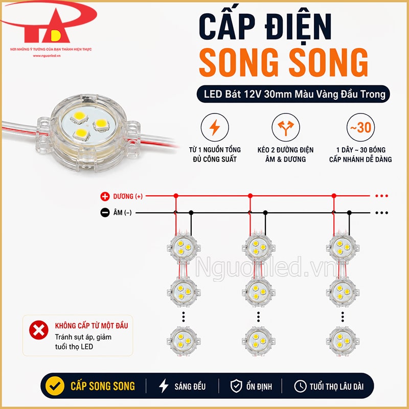 Sơ đồ cấp điện song song cho nhiều nhánh LED bát 12V 30mm màu vàng đầu trong 
