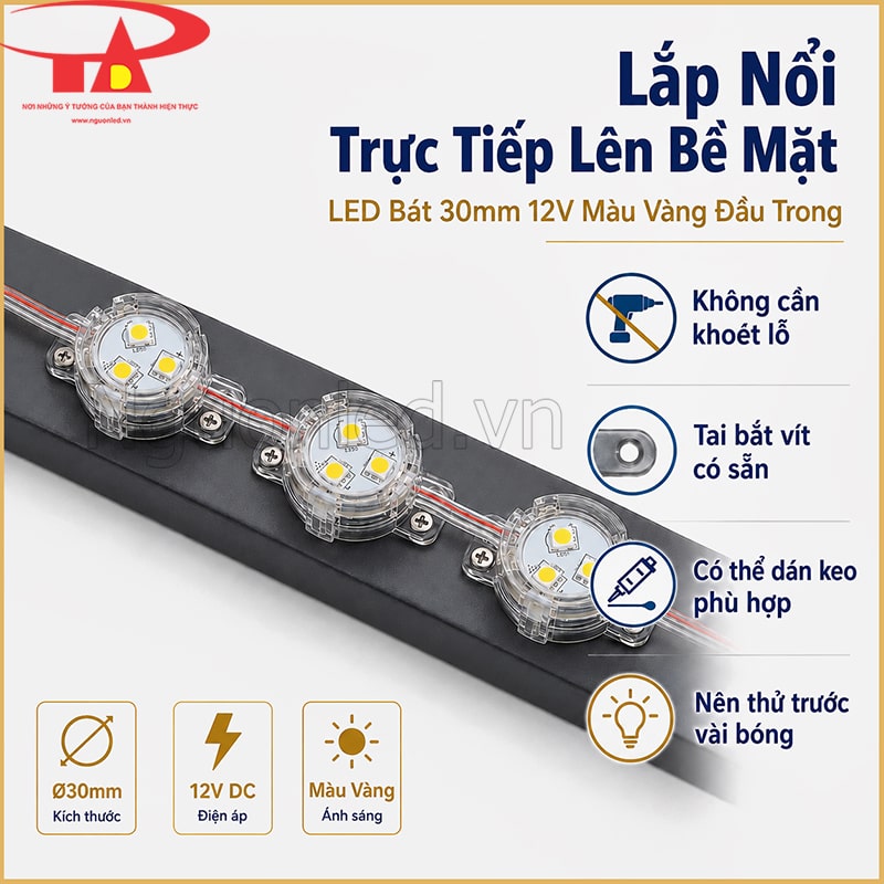LED bát 30mm 12V đầu trong lắp nổi trực tiếp trên bề mặt bằng tai bắt vít