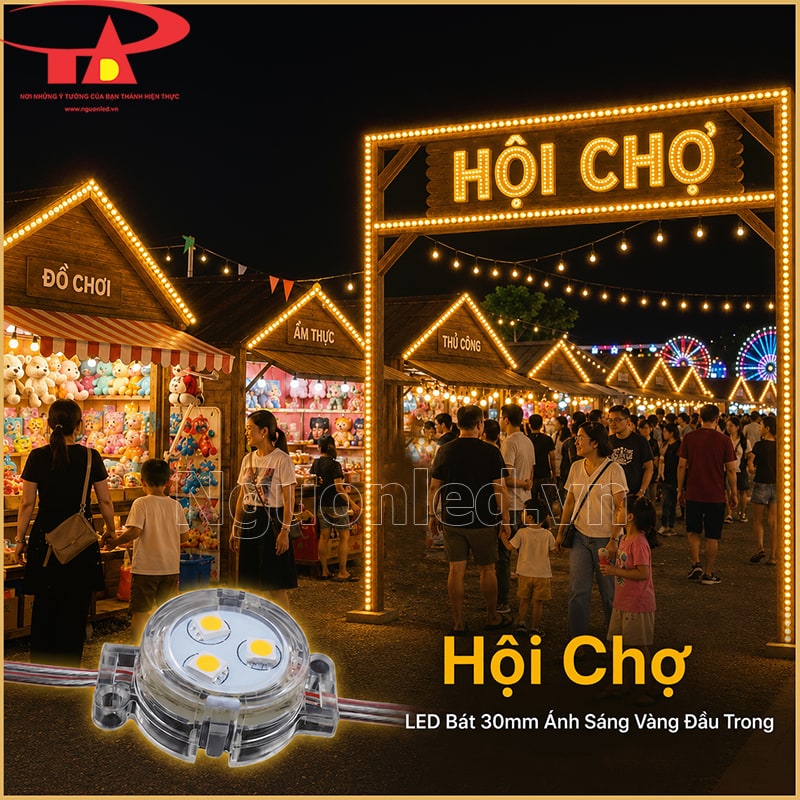 Khu hội chợ viền LED bát 30mm màu vàng đầu trong quanh cổng và mái các gian hàng