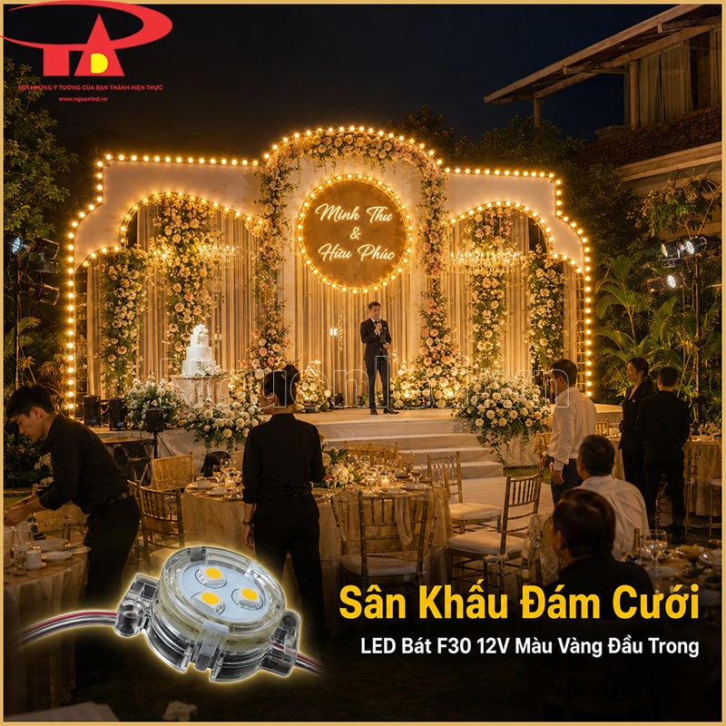 Sân khấu đám cưới viền LED bát F30 12V màu vàng đầu trong quanh các khung trang trí 