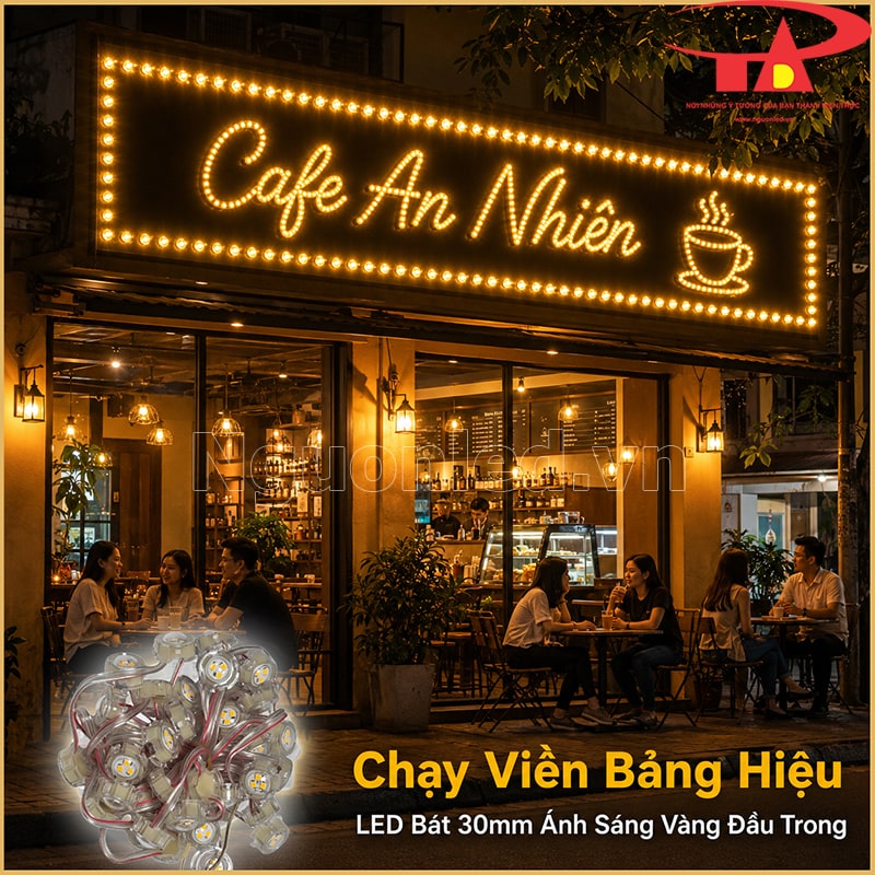 Biển Cafe An Nhiên chạy LED bát 30mm vàng nắng đầu trong quanh khung và nét chữ