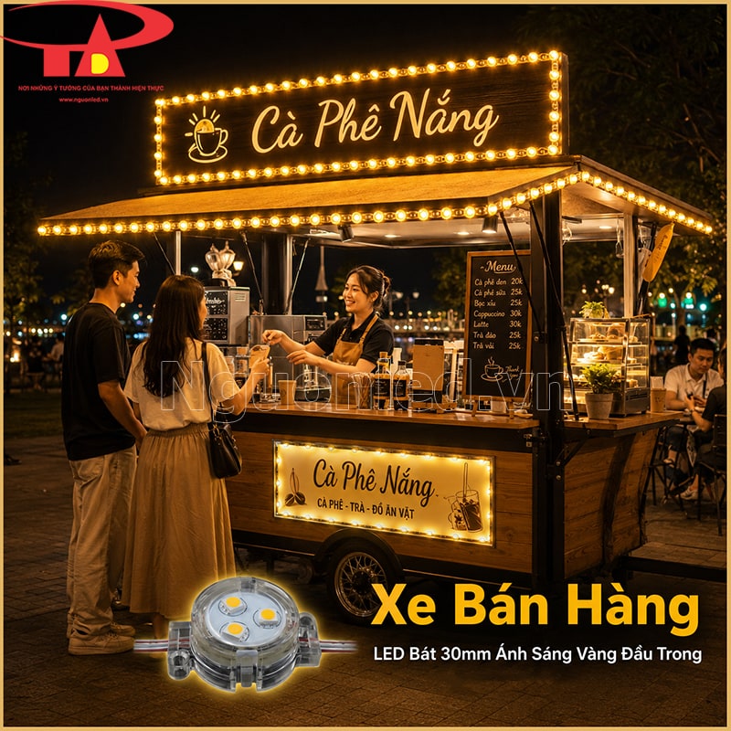 Xe Cà Phê Nắng viền LED bát F30 màu vàng đầu trong quanh mái và bảng tên