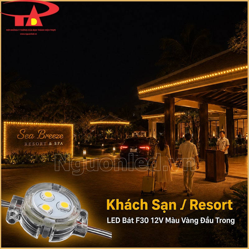 Khu Sea Breeze Resort viền LED bát F30 12V màu vàng đầu trong tại biển tên và mái sảnh
