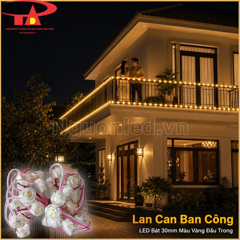 Lan can ban công nhà ở chạy LED bát 30mm màu vàng đầu trong theo hai cạnh ngang