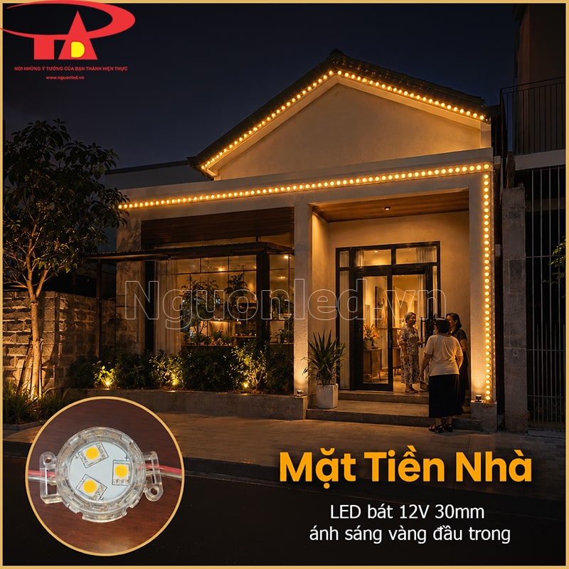 Mặt tiền nhà viền LED bát 12V 30mm màu vàng đầu trong dọc mái và cạnh đứng