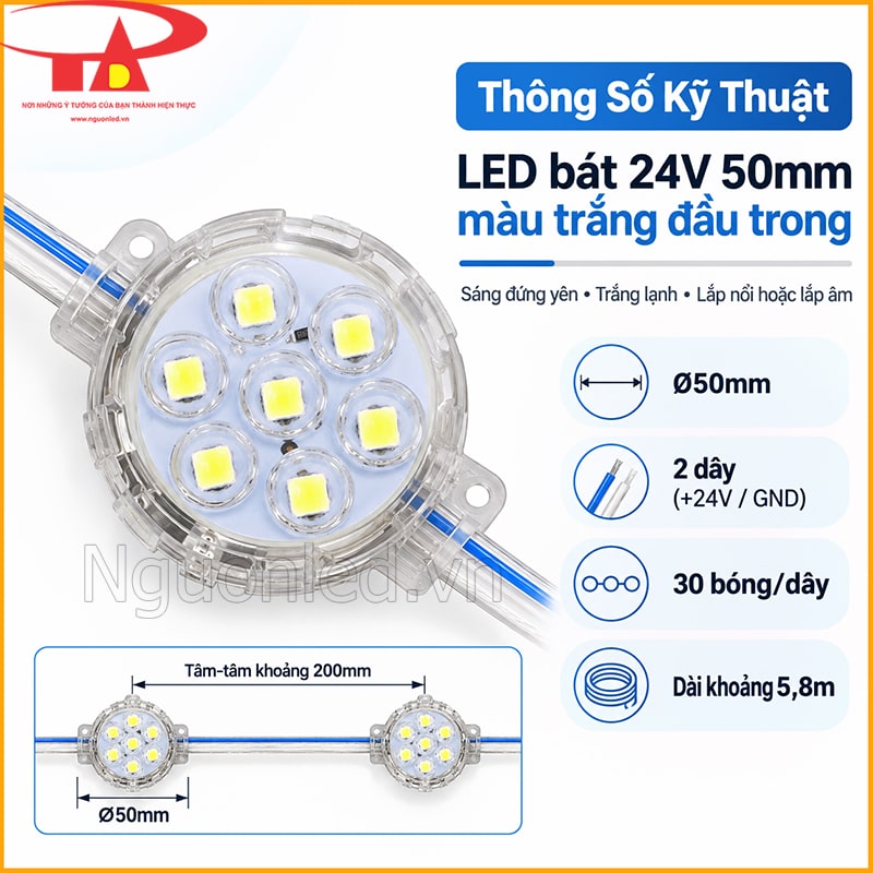 LED bát 24V 50mm màu trắng đầu trong với thông số điện áp, công suất và kích thước