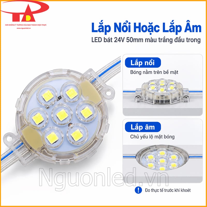 Hướng dẫn lắp đặt LED bát 24V 50mm màu trắng đầu trong theo kiểu lắp nổi hoặc lắp âm