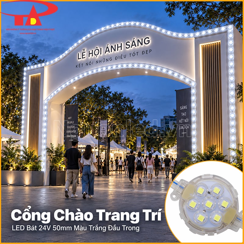 Cổng chào trang trí bằng LED bát 50mm màu trắng đầu trong theo các cạnh và đường cong 