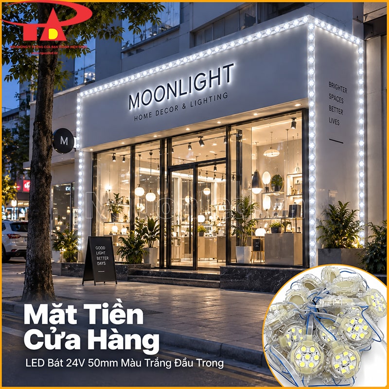 Cửa hàng chạy viền bằng LED bát F50 màu trắng đầu trong quanh mái và khung cửa