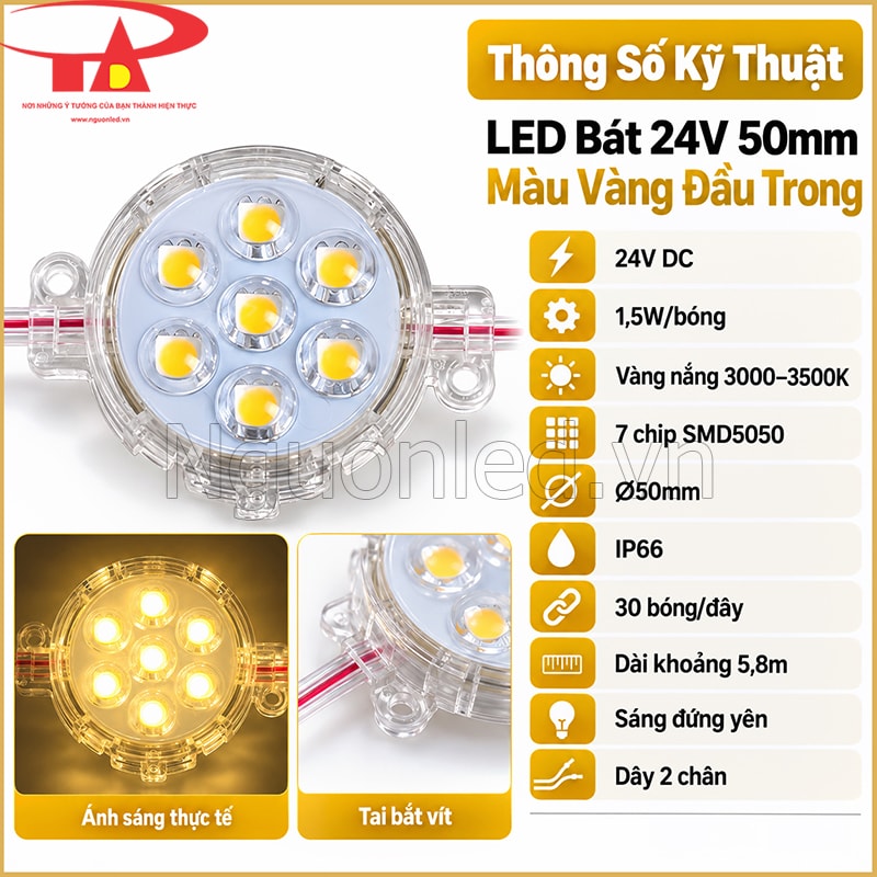 LED bát 24V 50mm màu vàng đầu trong với dây 30 bóng dài khoảng 5,8m