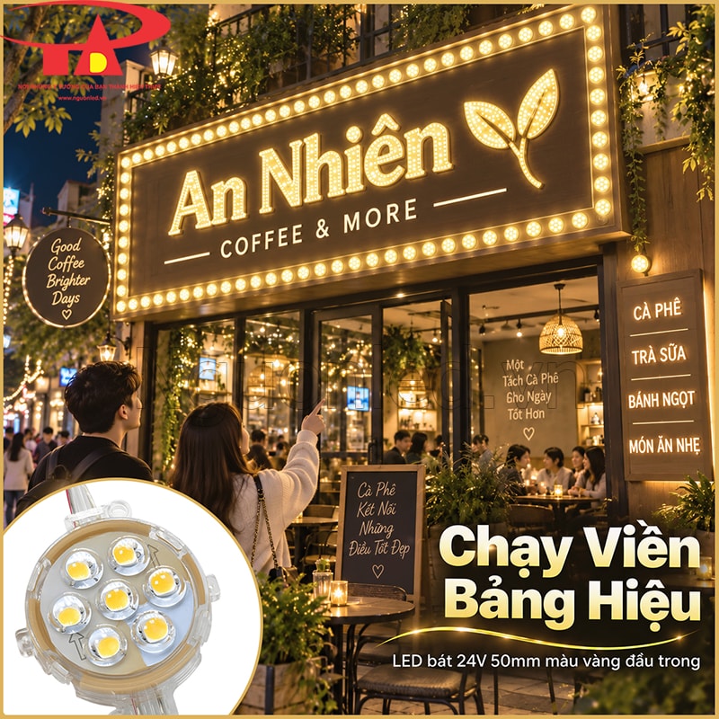 Biển hiệu chạy viền bằng LED bát 50mm màu vàng đầu trong quanh khung bảng
