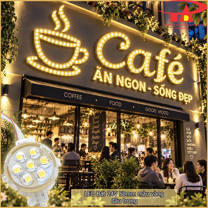 Chữ nổi trang trí bằng LED bát F50 màu vàng đầu trong theo các nét chữ lớn