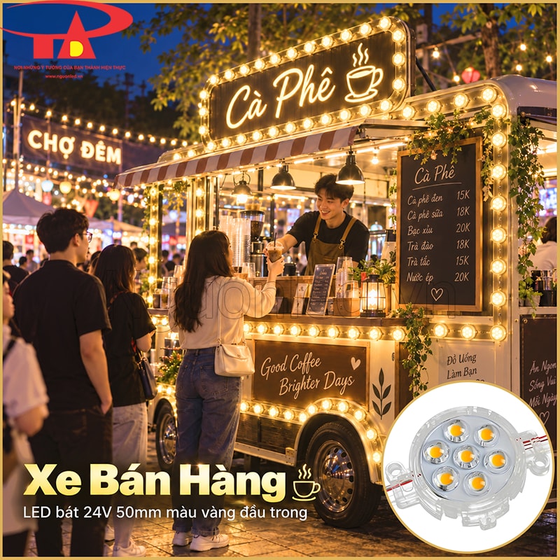 Xe bán hàng trang trí LED bát F50 màu vàng đầu trong quanh mái và bảng tên
