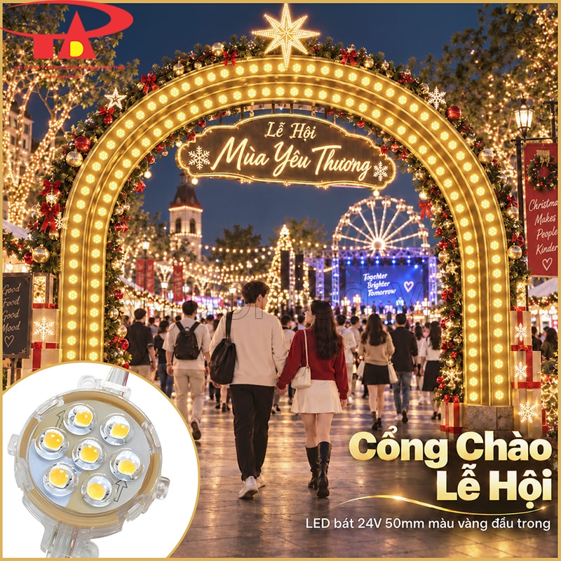 Cổng chào lễ hội trang trí LED bát F50 ánh sáng vàng đầu trong theo khung lớn