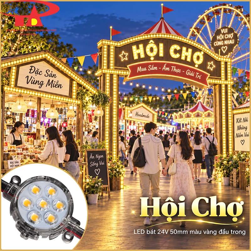 Gian hàng hội chợ viền LED bát phi 50mm màu vàng đầu trong quanh khung và mái
