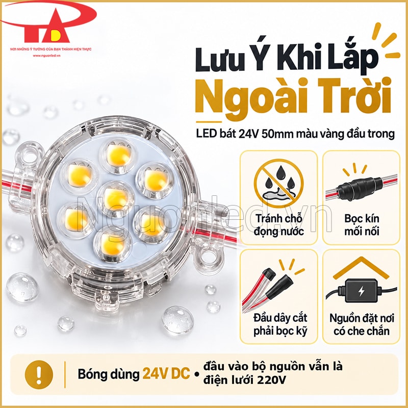 LED bát phi 5cm màu vàng đầu trong lắp ngoài trời trên công trình trang trí