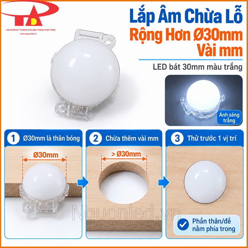 LED bát 30mm màu trắng đầu đục với thân tròn dùng cho kiểu lắp âm qua lỗ khoét 