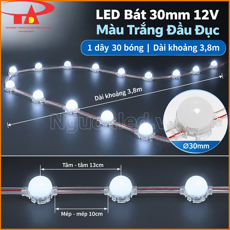 Dây LED bát 30mm 12V màu trắng đầu đục phát sáng trắng trên nhiều bóng liên tiếp