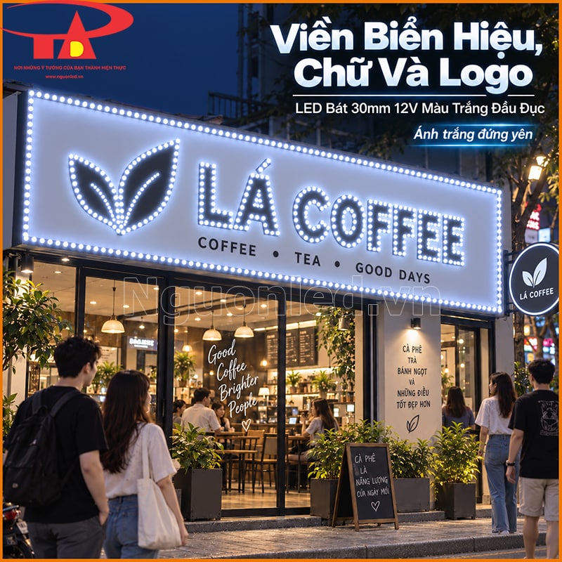 Biển quảng cáo chạy viền bằng LED bát 30mm màu trắng đầu đục trên nền tối 