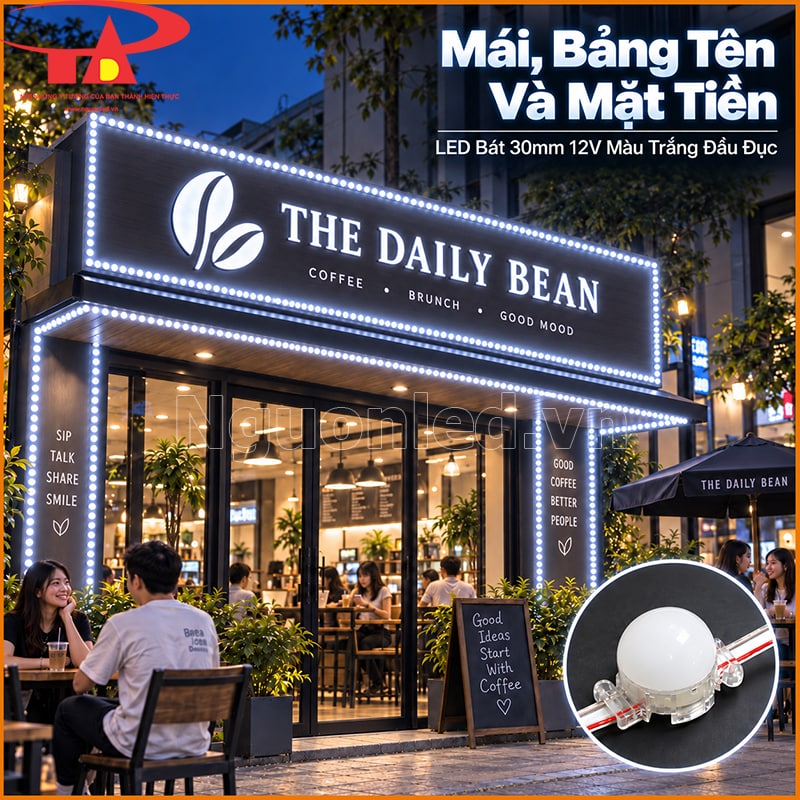 Mái quán cà phê chạy viền bằng LED bát 30mm màu trắng đầu đục quanh mặt tiền