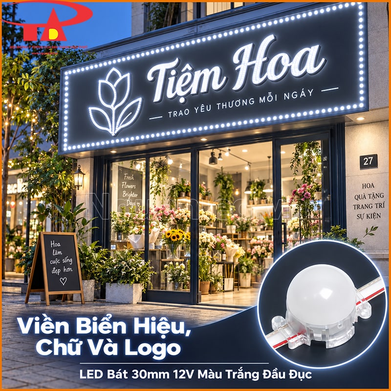 Biển hiệu dùng LED bát phi 3cm màu trắng chạy quanh khung, chữ và logo