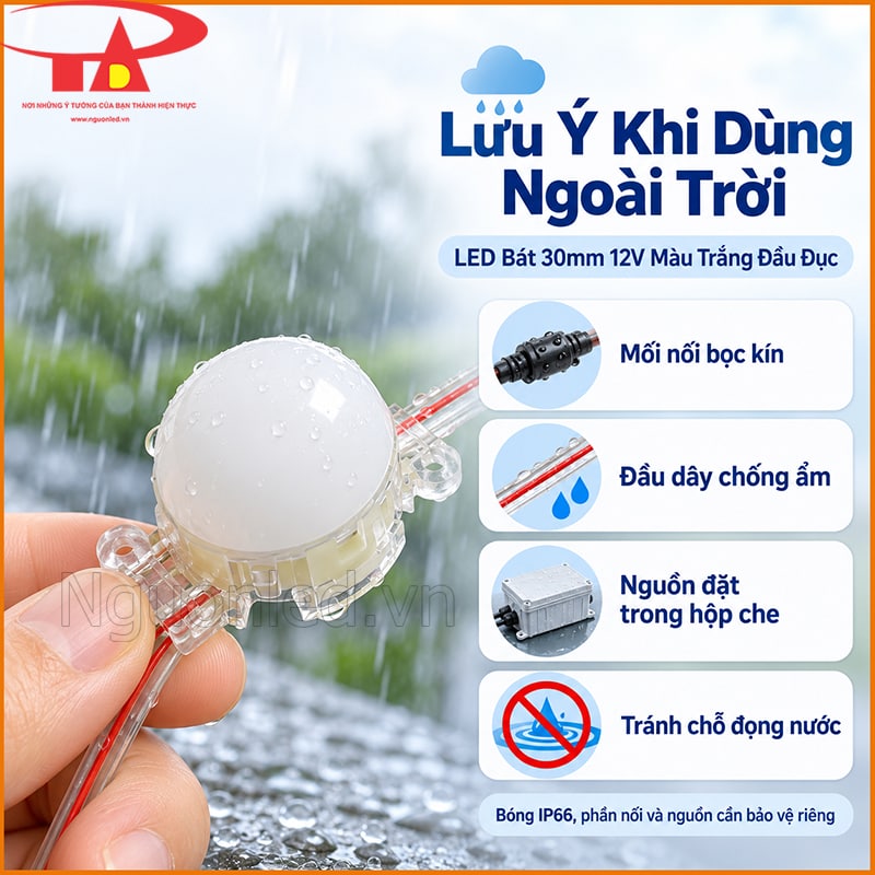 LED bát F30 12V màu trắng đầu đục lắp ngoài trời trên khung trang trí 