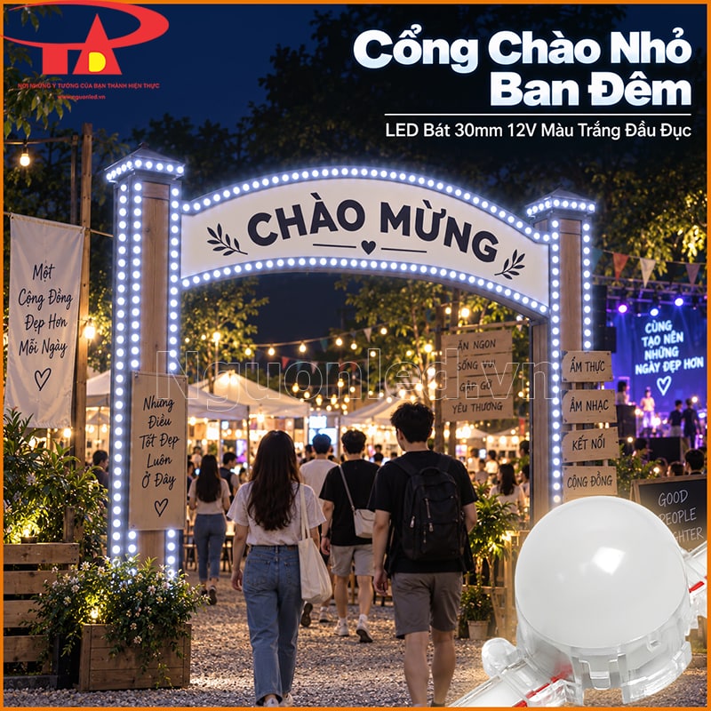Cổng chào trang trí bằng LED bát F30 màu trắng đầu đục theo các đường viền