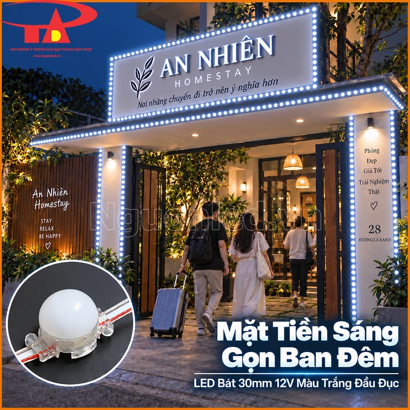 Mặt tiền khách sạn dùng LED bát F30 màu trắng đầu đục tại mái và lối vào 