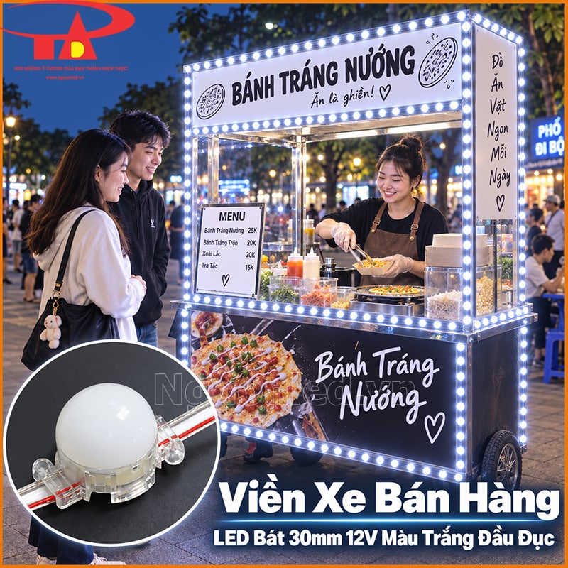 Xe bán hàng trang trí bằng LED bát F30 màu trắng đầu đục quanh khung quầy