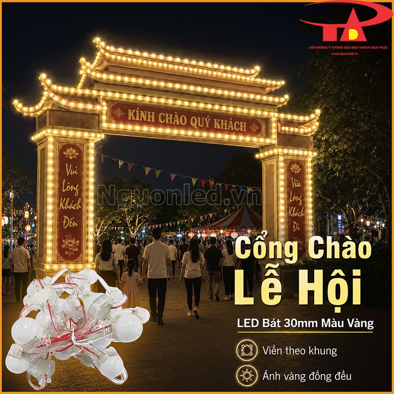 Cổng chào lễ hội được viền LED bát 30mm ánh sáng vàng theo trụ và các tầng mái cong