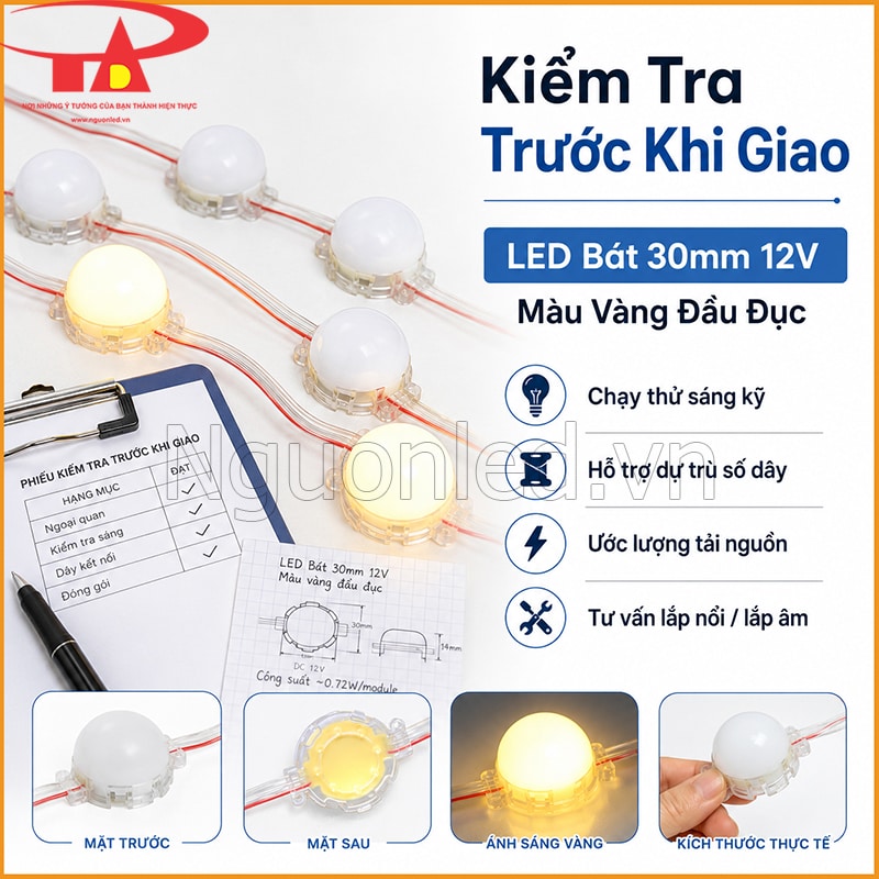 LED bát 30mm 12V màu vàng đầu đục được kiểm tra sáng cùng thông tin lắp đặt và nguồn