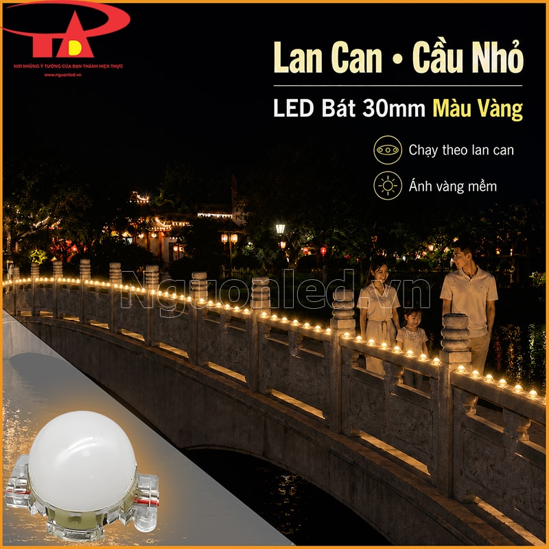 Lan can cầu nhỏ chạy một hàng LED bát 30mm ánh sáng vàng dọc theo chiều dài cầu