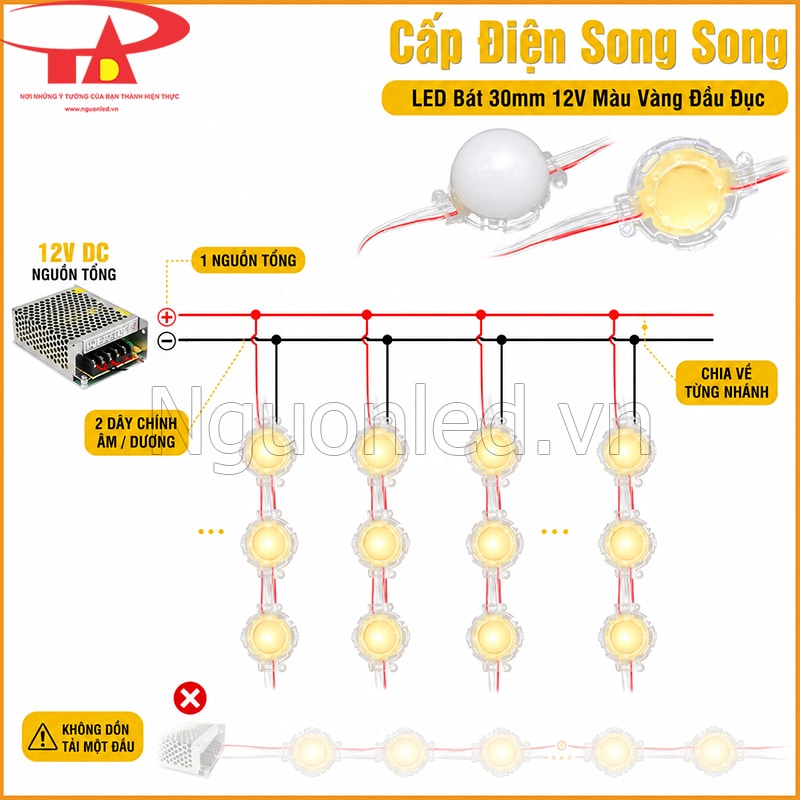 Sơ đồ cấp nguồn 12V song song từ hai đường âm dương chính đến từng nhánh LED bát 30mm