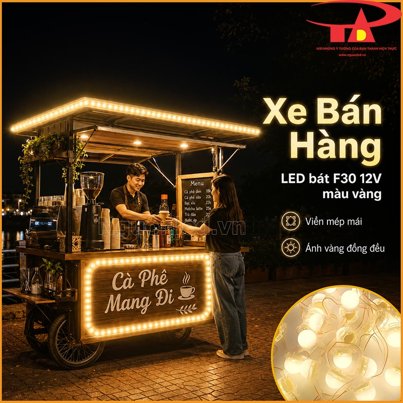 Xe cà phê lưu động viền mái và bảng phía trước bằng LED bát F30 12V màu vàng ấm