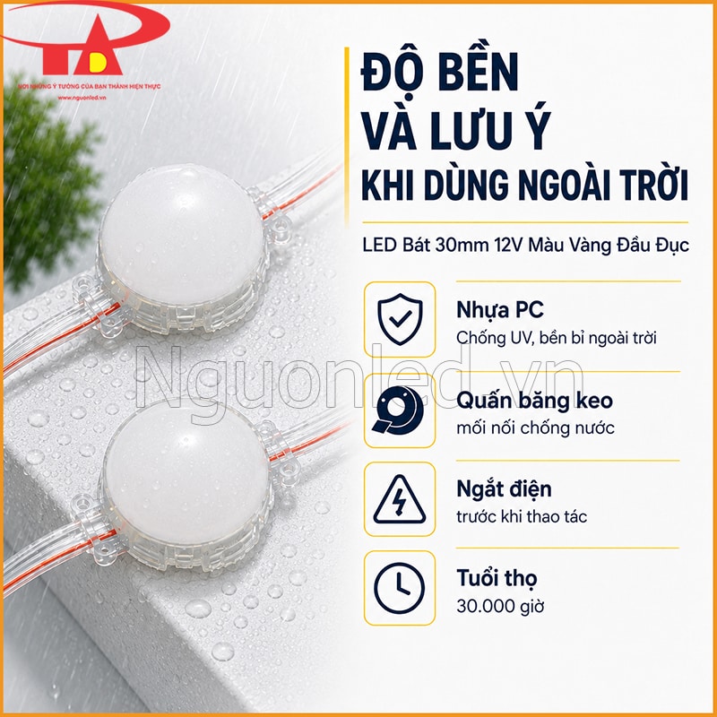 LED bát 30mm 12V đầu đục trên bề mặt ướt với lưu ý về mối nối và tuổi thọ 30.000 giờ
