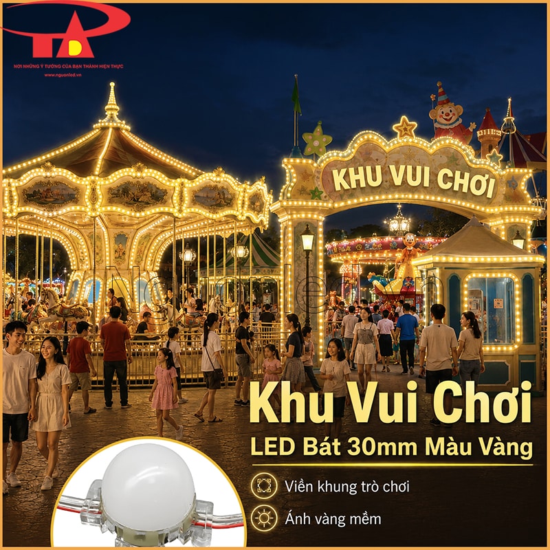 Khu vui chơi trang trí nhiều điểm LED bát 30mm màu vàng theo cổng và khung trò chơi