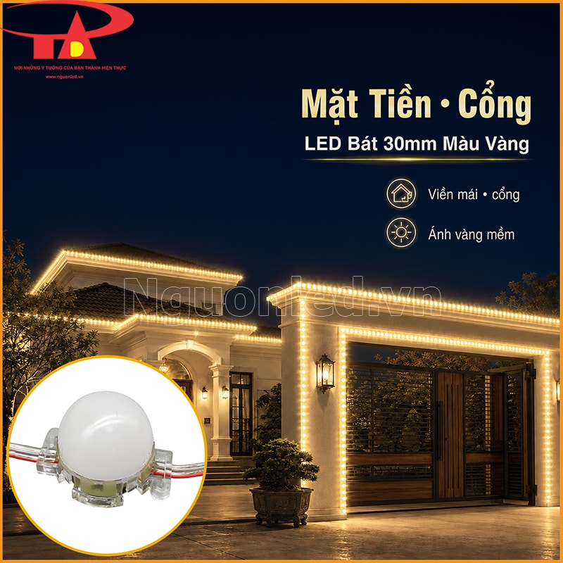 Mặt tiền và cổng nhà chạy LED bát 30mm màu vàng nắng dọc mép mái và khung cổng