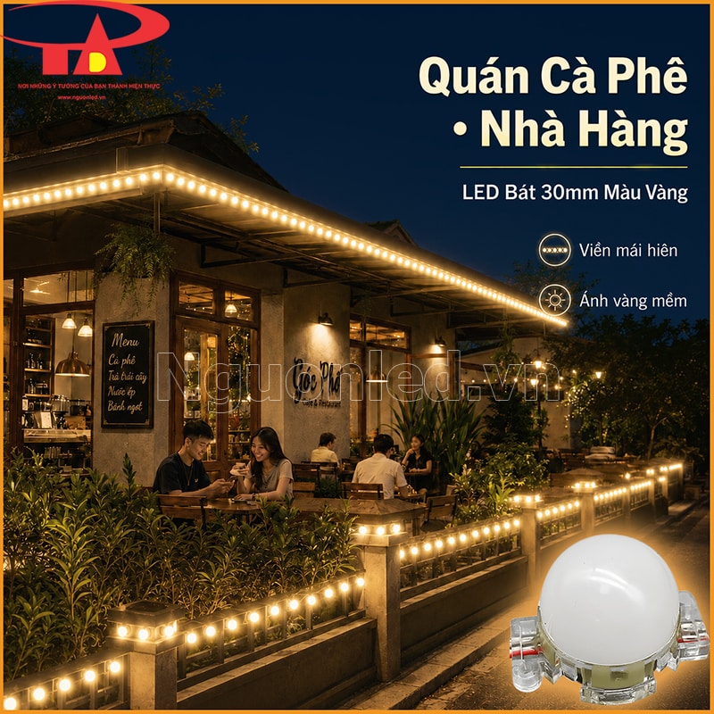 Quán cà phê sân vườn chạy LED bát 30mm vàng nắng dọc mái hiên và hàng rào phía trước