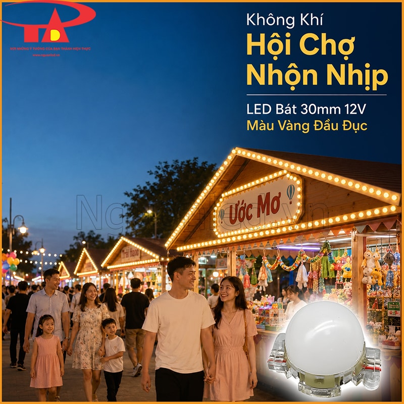 Các gian hàng hội chợ được viền bằng LED bát 30mm 12V màu vàng quanh mái và bảng tên