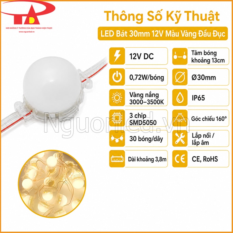 Thông số LED bát 30mm 12V màu vàng đầu đục với 0,72W, 3 chip SMD5050 và IP65